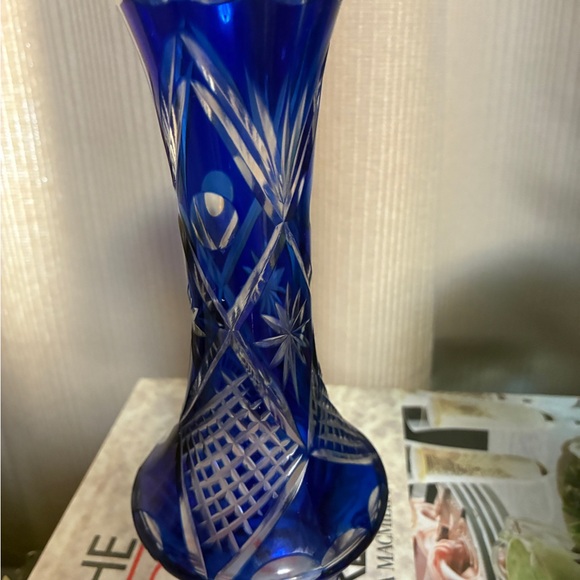 Cobalt Blue Cut to Clear Glass Vase Vintage - Picture 3 of 8